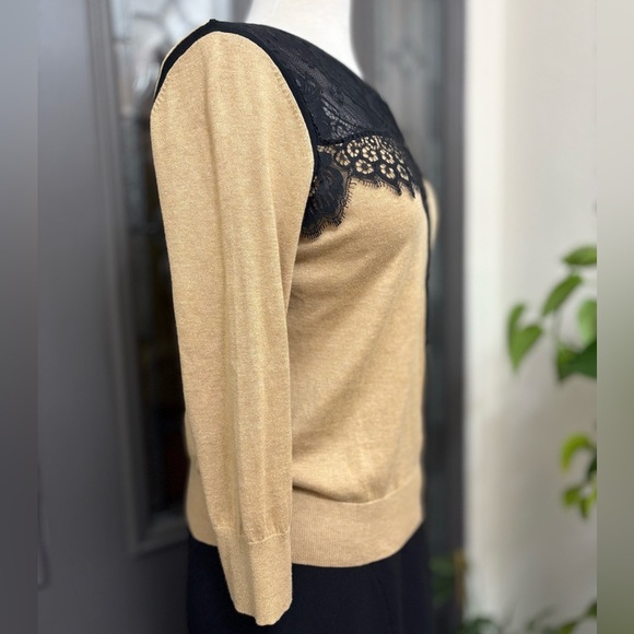 LOFT Chic Beige Knit Cardigan with Black Lace Overlay and Button Front | Size M - Picture 3 of 6